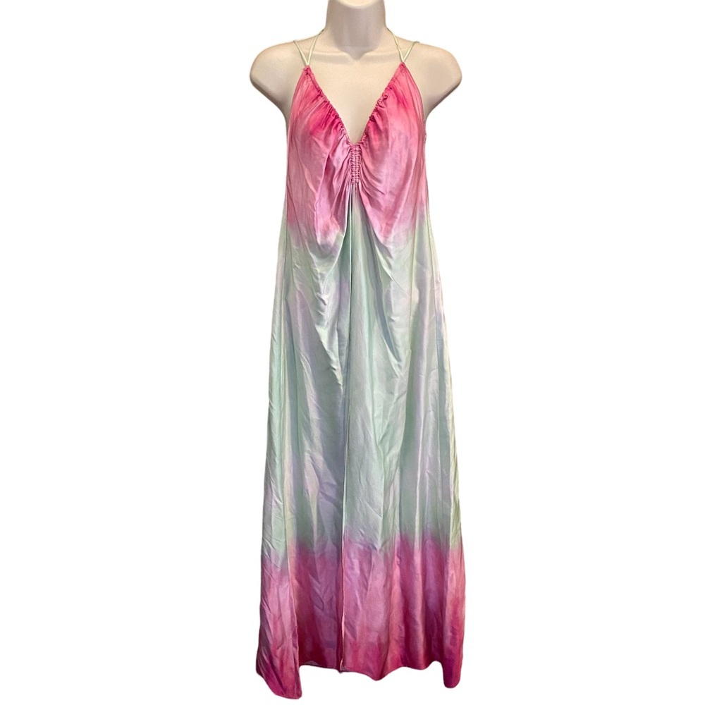 NEW Zara Tie Dye MIDI Dress with Halter Tie Ruched V Neck Front Slit